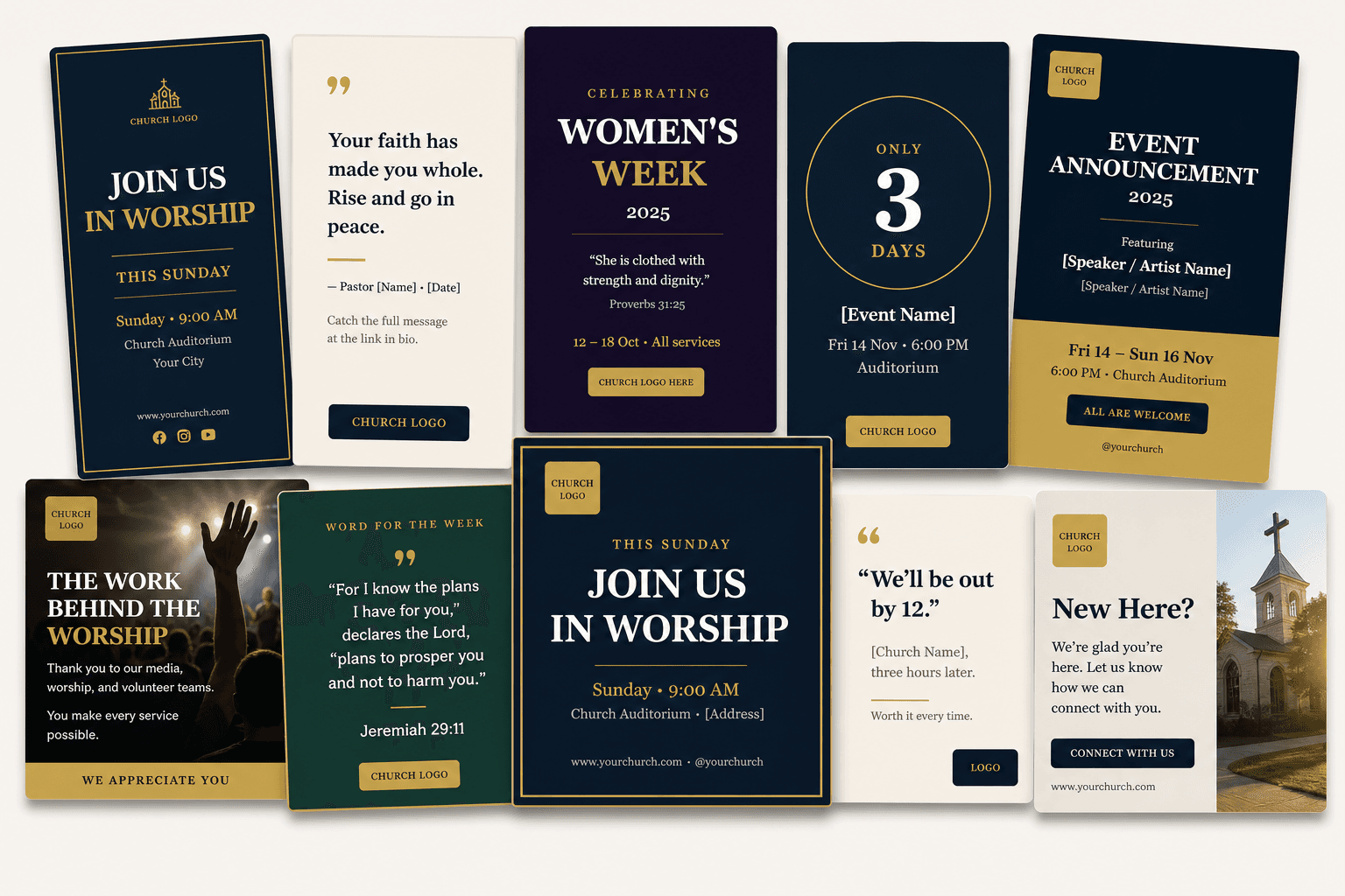 Canva template stack with church social media posts and story designs