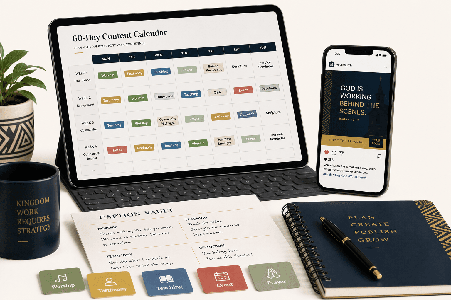 Content planning desk with 60-day ministry calendar, phone preview and caption notes