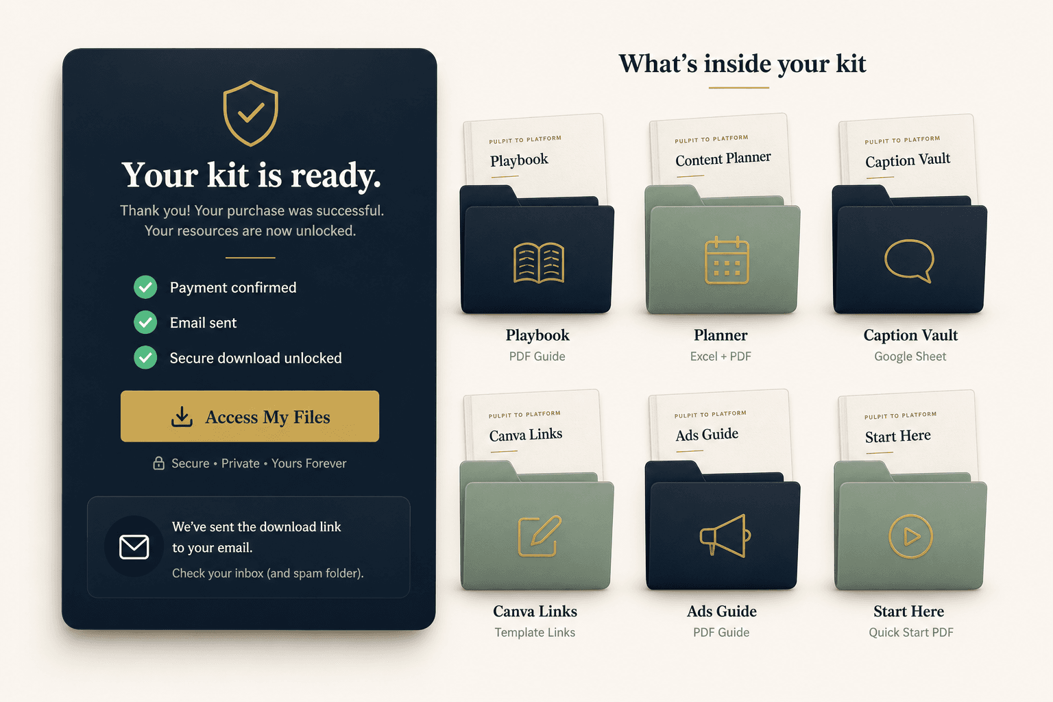 Secure download panel showing the Pulpit to Platform kit files ready after payment