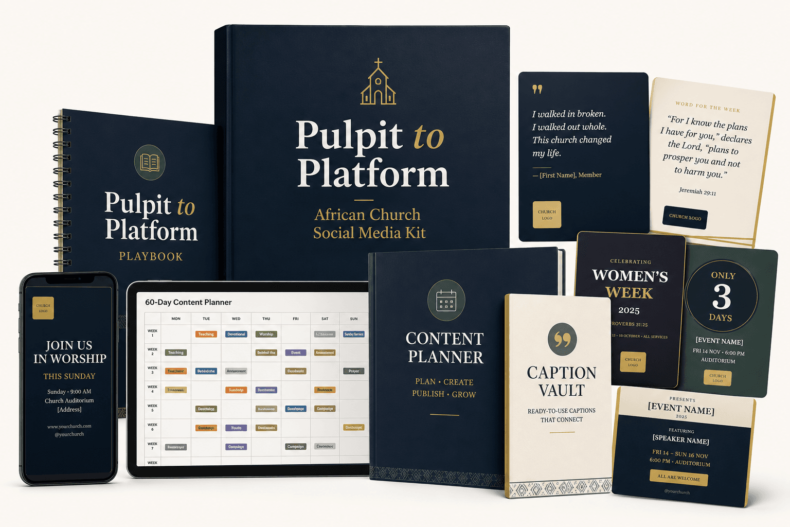 Pulpit to Platform product bundle with playbook, planner, caption vault and social media templates