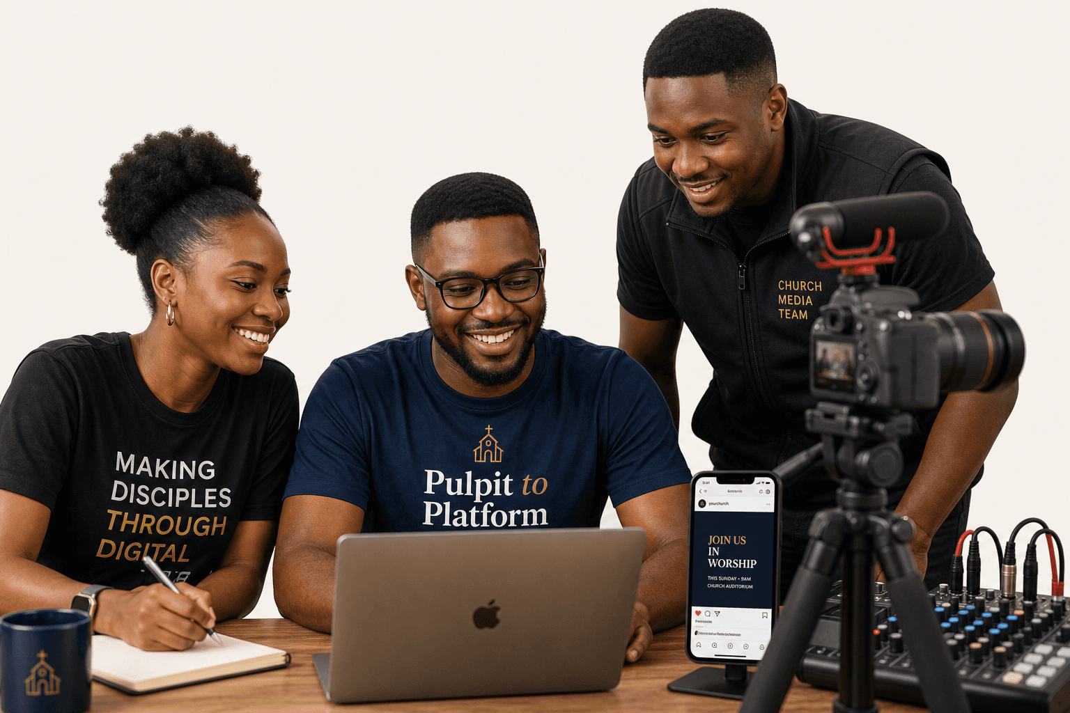 African church media volunteers working with a laptop, camera and social media tools