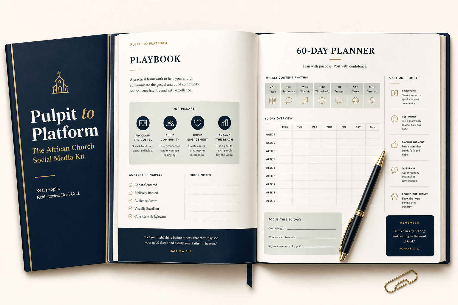 Open Pulpit to Platform playbook and 60-day content planner workbook spread